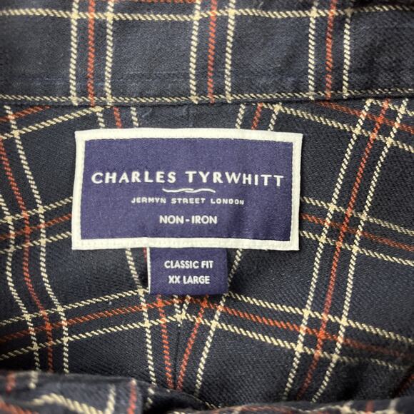 Charles Tyrwhitt Flannel Shirt Mens XXL Blue Plaid Classic Fit Non Iron Button - Picture 3 of 10